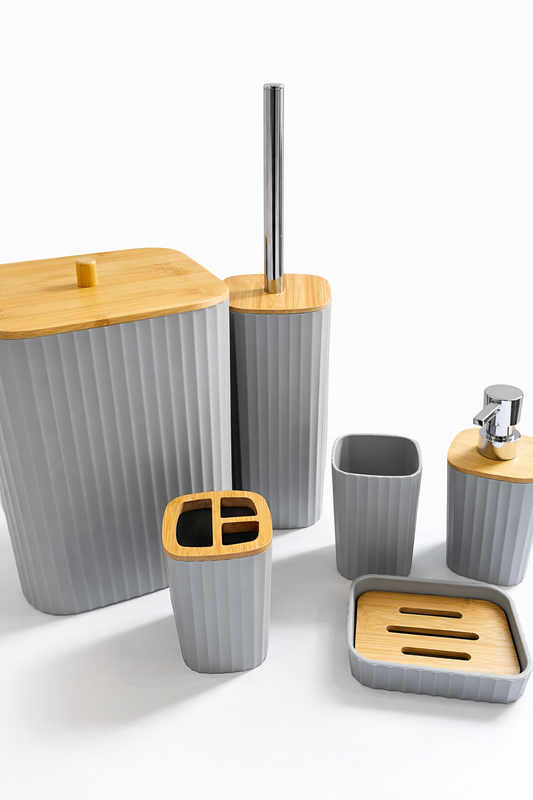 طقم إكسسوارات الحمام الفاخر - رمادي وخشب البامبو