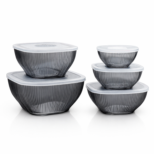 طقم ثلاجة مربع فاميلي بالغطاء – 5 قطع مضلعة بمقاسات متدرجة