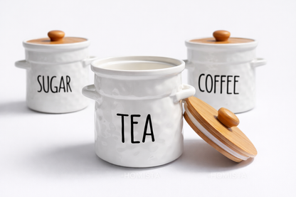 طقم شاي و قهوه و سكر بورسلين غطاء خشب و استاند خشب