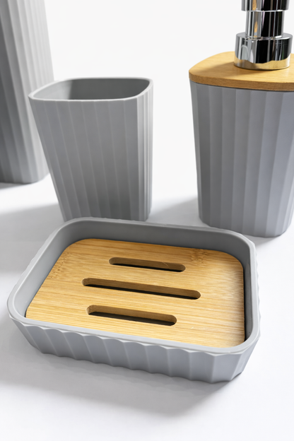 طقم إكسسوارات الحمام الفاخر - رمادي وخشب البامبو