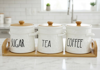 طقم شاي و قهوه و سكر بورسلين غطاء خشب و استاند خشب