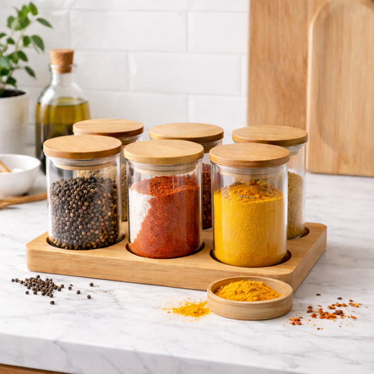 طقم توابل 6 قطع بستاند خشبي محكم الغلق